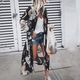 Dames Vintage Floral Chiffon Shirts Losse Sjaal Kimono Cardigan Boho Tops Lange Sunscreen Jacket Blouse 210302