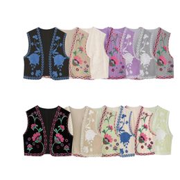 Gilet ouvert brodé Floral Vintage pour femmes, veste de Style National pour dames, tenues décontractées, haut court de vacances, 231229