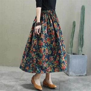 Vrouwen Vintage Bloemenprint Katoen Linnen Rok Herfst Mid Lengte Hoge Taille Casual Retro Elastische Lente Een Lijn Rokken 220317