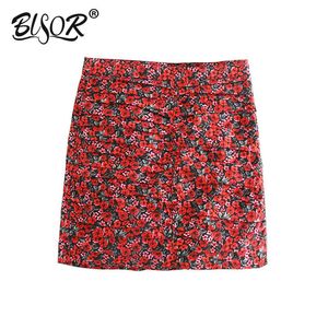 Femmes vintage imprimé fleuri mini jupe côté fermeture éclair élégant femme streetwear chic A ligne rouge jupes mujer 210430