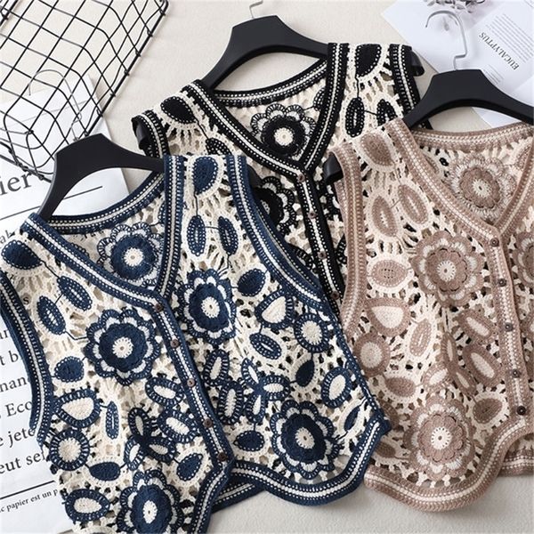 Femmes Vintage évider Crochet haut court gilet broderie florale sans manches veste Cardigan boutonné Boho Hippie décontracté 220316