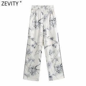 Femmes Vintage encre fleur imprimé jambe large pantalon pyjama femme Chic taille élastique poches décontracté pantalons longs P982 210416