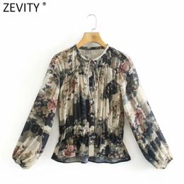 Femmes Vintage Encre Peinture Fleur Imprimer Smock Blouse Bureau Lady Rétro Plis Élastique Slim Chemises Chic Blusas Tops LS7528 210416