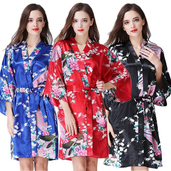 Femmes Vintage japonais Kimono Robe à lacets genou-longueur Satin Robe de bain sommeil pyjamas femme femmes Yukata paon imprimer