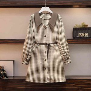 Femmes Vintage kaki robe à carreaux automne col rabattu à manches longues simple boutonnage chemise robes Mini 210428