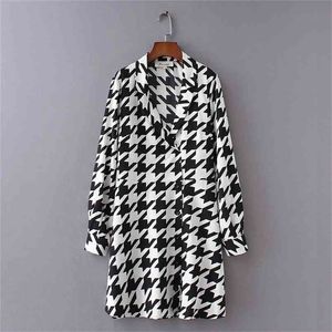 Dames Vintage Lange Mouw Houndstooth Printing Mini Dress Euro Retro Vestidos Chic Casual Slanke Bedrijfskleding DS2743 210420