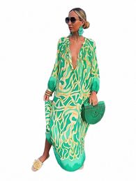 Femmes Vintage Maxi Dres Été Sexy Col V Profond Lg Manches Boho Imprimer Lg Dres Femme Plage Cover Up Robe Élégante d2YU #