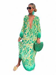 Femmes Vintage Maxi Dres Été Sexy Col V Profond Lg Manches Boho Imprimer Lg Dres Femme Plage Cover Up Robe Élégante o2qp #