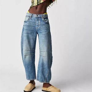 Jean Vintage taille moyenne pour femmes, jambes larges, ample, petit ami, pantalon court en Denim, taille droite, baril Y2k, 240127