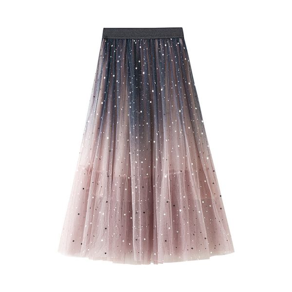 Femmes Vintage Midi longue Tulle Jupe étoiles paillettes automne femme coréenne décontracté taille haute a-ligne en mousseline de soie maille jupes Jupe Faldas