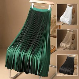 Femmes vintage jupe midi à grande taille élastique haute taille plissée jupe en ligne couleur solide lisse satin long jupe 240422