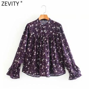 Femmes Vintage O Cou Imprimé Floral Violet Couleur Smock Blouse Femme Rétro Papillon Manches Chemises Chic Blusas Tops LS7527 210416