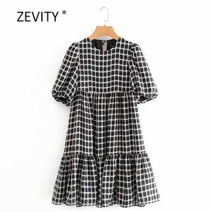 Vrouwen Vintage Ock Plaid Print Vestido Puff Sleeve Geplooid Ruches Mini Dress Vrouwelijke Chic Retro Casual Chiffon Jurken DS4019 210603