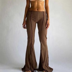 Vrouwen Vintage Broek Hippie Lage Taille Bodem Bottoms Dames Stretch Flare Broek Solid Color Summer Fashion Flares 211105