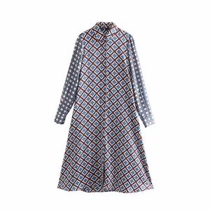 Vrouwen Vintage Patchwork Printing Casual Slanke Midi Jurk Herfst Dames Lange Mouw Chique Vestidos Buttons Feestjurken DS2959 210603