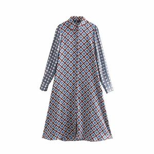 Vrouwen Vintage Patchwork Printing Casual Slanke Midi Jurk Herfst Dames Lange Mouw Chique Vestidos Buttons Feestjurken DS2959 210719