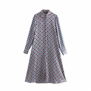 Vrouwen Vintage Patchwork Printing Casual Slanke Midi Jurk Herfst Dames Lange Mouw Chic Vestidos Knoppen Party Jurken DS2959 210623