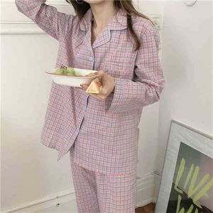 Femmes Vintage Plaid Mignon Mode Cardigans Doux Casual Manches Longues Haute Qualité Lâche All Match Pyjamas Ensembles 210525