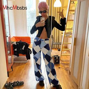 Femmes Vintage Plaid Denim Pantalon Large Jambe Oversize Taille Haute Jeans Coréen Harajuku Casual Pantalon Droit D'été 210517