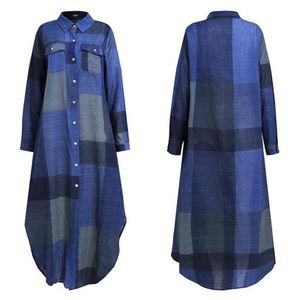 Femmes Vintage Plaid longue chemise Robe col rabattu été élégant bouton ample bleu manches plage Maxi femme Robe robes décontractées