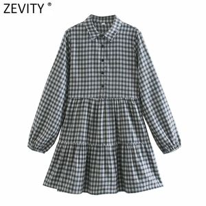 Vrouwen Vintage Plaid Print Plooid Shirt Jurk Femme Lange Mouw Casual Business Vestido Turn Down Collar Clothes DS4820 210416