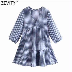 Vrouwen Vintage Plaid Print Plooien Casual Mini Dress Office Dame Chic V-hals Drie Kwart Mouw Kimono Vestido DS8202 210420