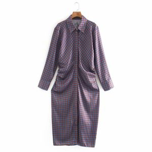 Vrouwen vintage plaid shirts jurken zomer lange mouwen mode print vrouwelijke elegante straatjurk kleding vestido 210513