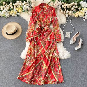 Femmes Vintage imprimer longue robe automne Chic col montant bouton à manches longues robe Style chinois a-ligne vacances robe 210419