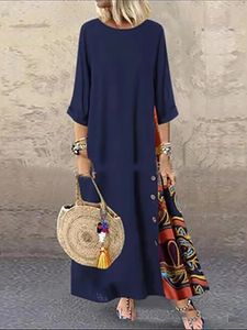 Vrouwen Vintage Print Patchwork Maxi Jurk Boho 34 Mouwen Oversized Lange Jurk Casual Harajuku O Hals Losse Jurk Elegant Gewaad 240307