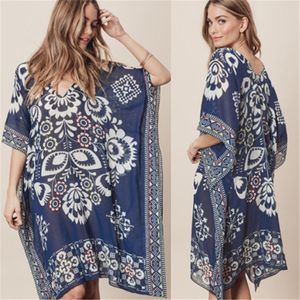 Bikini de playa con cuello en V estampado Vintage para mujer, vestido de baño de talla grande con manga de murciélago, caftán azul, traje de baño de algodón, Pareos pareos