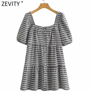 Vrouwen Vintage Puff Sleeve Plaid Print Losse Mini Dress Vrouwelijke Chic Square Collar Breasted Plows Vestidos DS8313 210420