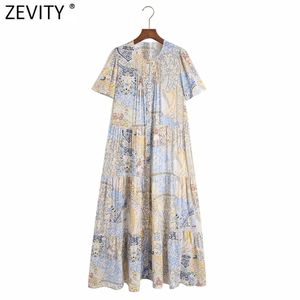 Mujeres Vintage Puff Manga Prensa Plisado Pecho Casual Midi Vestido Femenino Paño Patchwork Impresión Vestido Vestidos DS8217 210420