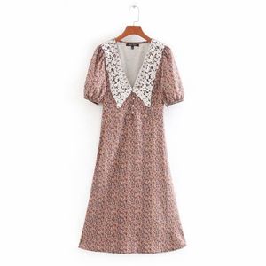 Mujeres Vintage Puff manga impresión Midi vestido encaje Crochet Turn Down Collar cremallera lateral Vestidos Chic Casual Vestidos DS3623 210420