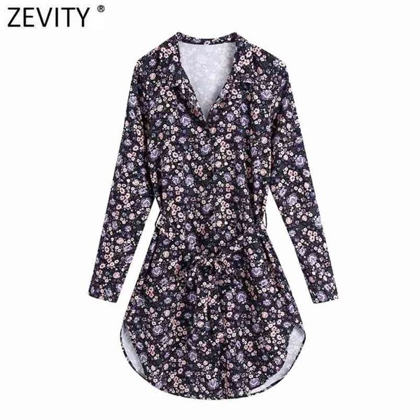 Mujeres Vintage Purple Floral Print Business Shirt Dress Office Lady V Neck Bow Tied Sashes Casual Mini Vestidos DS4813 210420