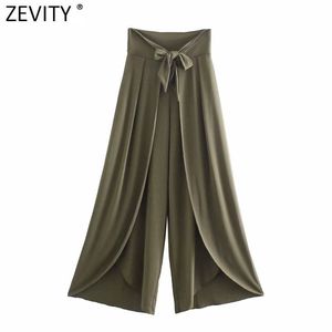 Vrouwen vintage effen kleur voorboog gebonden zoom onregelmatige wijde beenbroek retro femme chic enkel lengte sarong broek p1013 210416