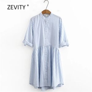 Femmes Vintage Stand Collier Rayé Casual Casual Shirt Robe De Chemise Femelle Terrasser Roll Up Sleeve Vestido Robes Chic DS4060 210420