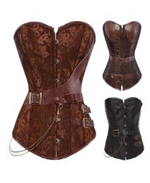 Vrouwen Vintage Steampunk Gothic Jacquard Overbust Corset Top met kettingen en PU lederen riemen Accent S6XL Plus Size Brown Black5085907