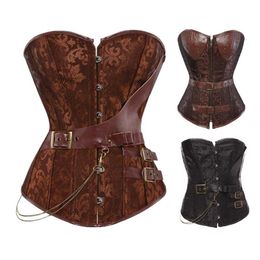 Dames Vintage Steampunk Gothic Jacquard Bovenborstcorset Top met kettingen en PU-leren riemen Accent S-6XL Grote maten Bruin Zwart230Z