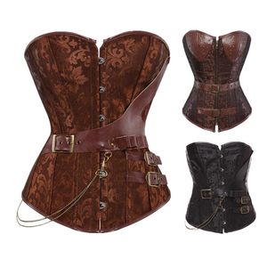 Women Vintage Steampunk Gothic Jacquard Overbust Corset Top with Chains and PU Leather Belts Accent S-6XL Plus Size Brown Black