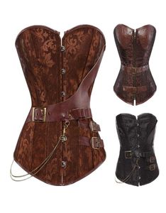 Haut corset jacquard gothique vintage pour femme avec chaînes et ceintures en cuir PU Accent S6XL grande taille marron noir 8960580