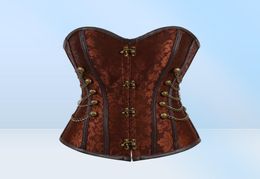 Dames Vintage Steampunk Gothic PU-lederen panelen Jacquard Bovenborstcorset Top met kettingen en knopen Accent S6XL Grote maten Bruin9806062