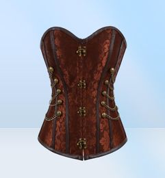 Dames Vintage Steampunk Gothic PU-lederen panelen Jacquard bovenborstcorset Top met kettingen en knopen Accent S6XL Grote maten Bruin8274974