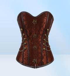 Vrouwen Vintage Steampunk Gothic PU Leer Panelen Jacquard Overbust Corset Top met kettingen en knoppen Accent S6XL Plus Maat size Brown4683856