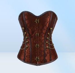 Femmes Vintage Steampunk Gothic PU Le cuir Panels Jacquard Overbust Corset Top avec chaînes et boutons Accent S6XL Plus taille Brown2422044