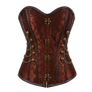 Dames Vintage Steampunk Gothic PU-lederen panelen Jacquard bovenborstcorset Top met kettingen en knopen Accent S-6XL Grote maten Bruin314K