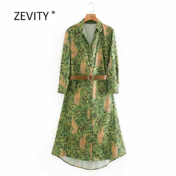 Femmes vintage tigre feuilles imprimer chemise décontractée robe femme poitrine boutons ceintures vestidos chic loisirs robes DS3852 210603