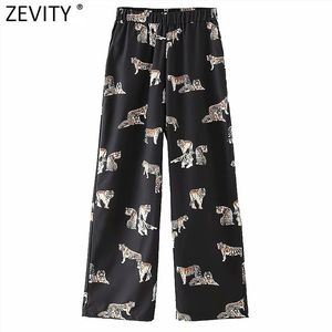 Femmes Vintage tigre imprimé jambe large pantalon rétro affaires Femme motif Animal taille élastique poche Chic pantalons longs P962 210416