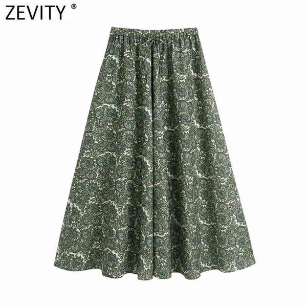 Mujeres Vintage Totem Estampado floral Verde Midi Faldas Mujer Mujer Chic Cintura elástica Vestido de fiesta Marca Falda QUN757 210416