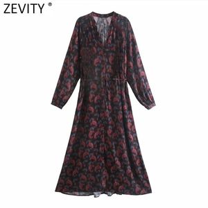 Vrouwen Vintage Totem Spiraal Bloem Afdrukken Overhemd Jurk Dame Chic V-hals Puff Sleeve Vestido Casual Slanke Doek DS5028 210416