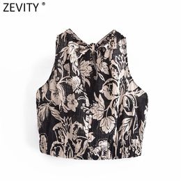 Vrouwen Vintage Tropische Floral Print Korte Smok Blouse Vrouwelijke Sleevelen Backless Strikje Vest Shirt Chic Crop Tops LS9253 210416